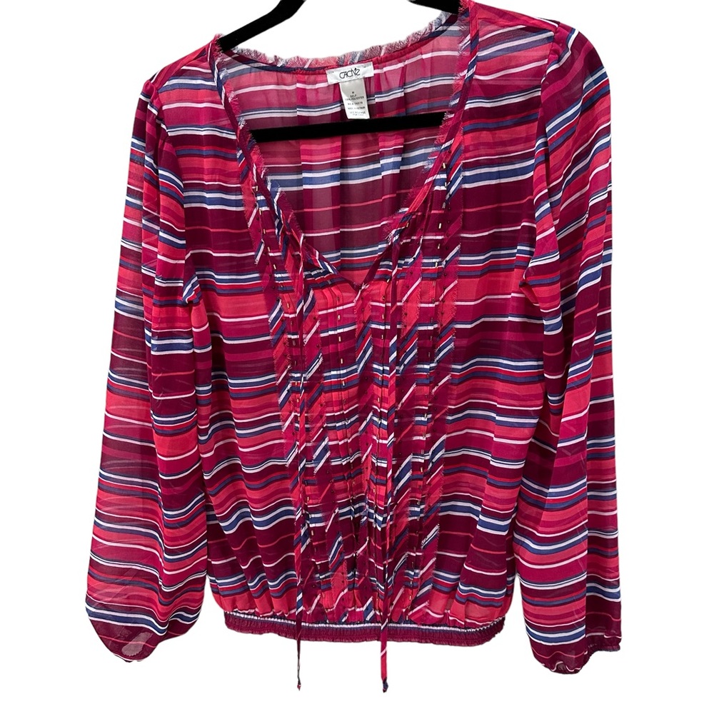 Cache Sheer Long Sleeve Top Red Striped Size Medium